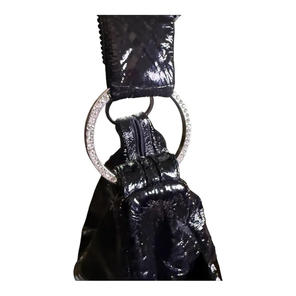 DXtouch Black Patent Leather Shoulder Bag Rhinestone Strap Y2K Glam Hobo Bag